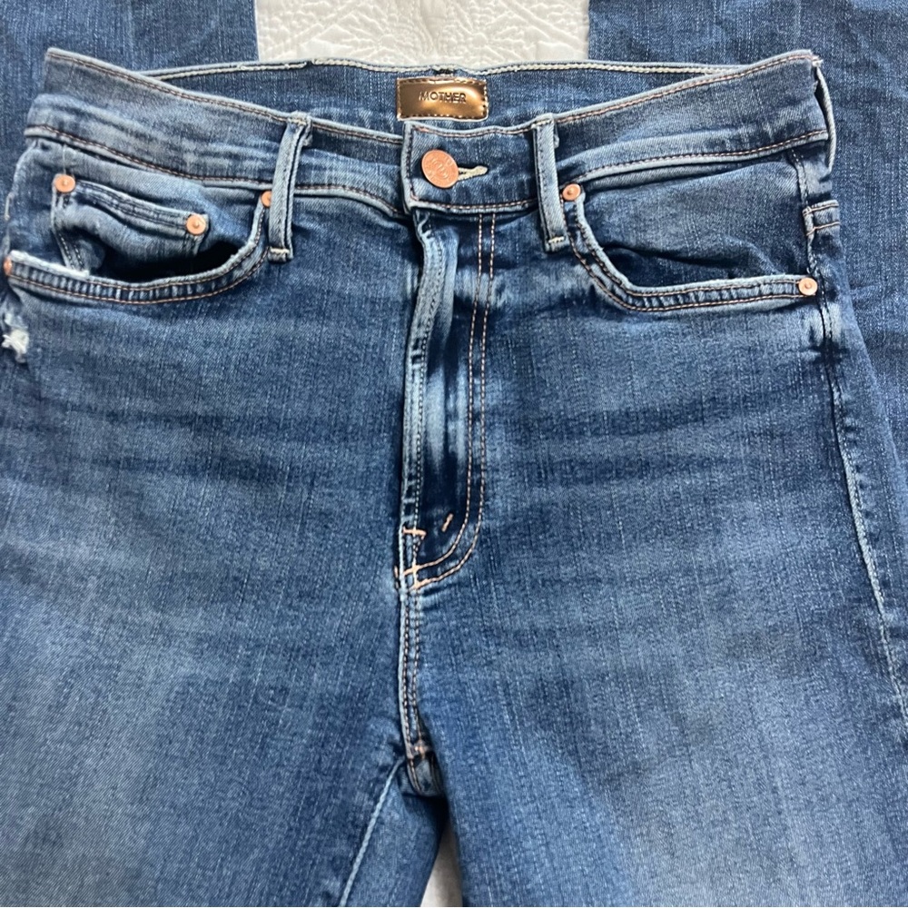 MOTHER Insider Crop Step Chew Denim Jeans High Rise Medium Wash Distressed 27 - Picture 5 of 16